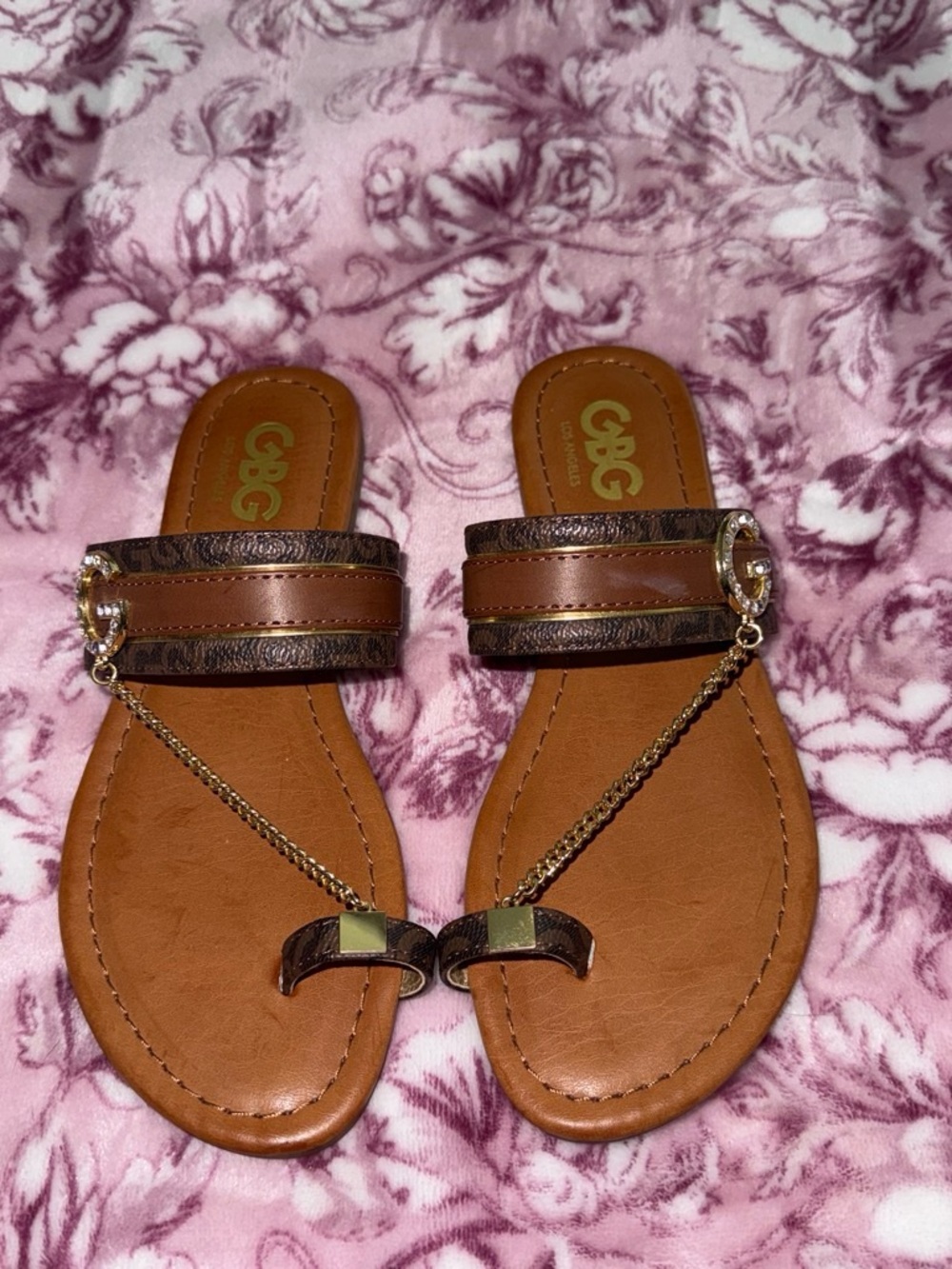 GBG Los Angeles Tan Brown Slide Sandals with Gold Chain Trim